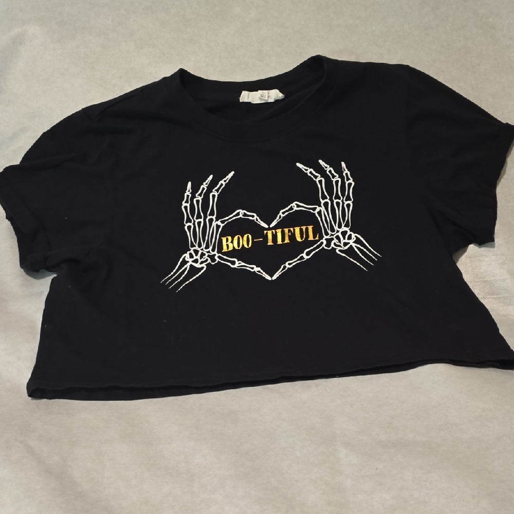 Black 'Boo-Tiful' Skeleton Crop Top